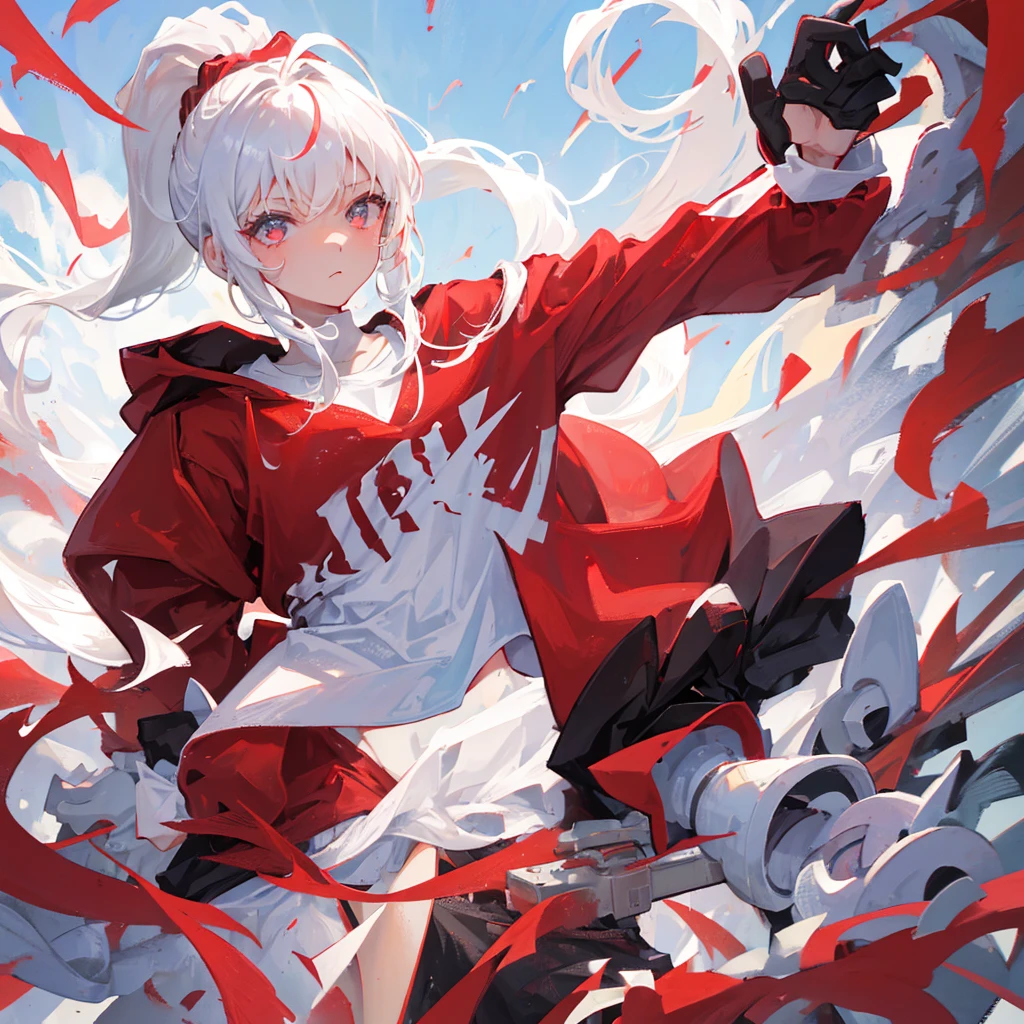 A girl with a high ponytail wearing a red sweatshirt,Beautiful figure,White hair,Pure white background