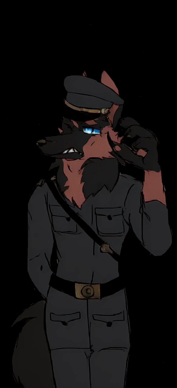 furry art, commission, German shepherd, SS uniform,Blye eyes,Sharp teeth