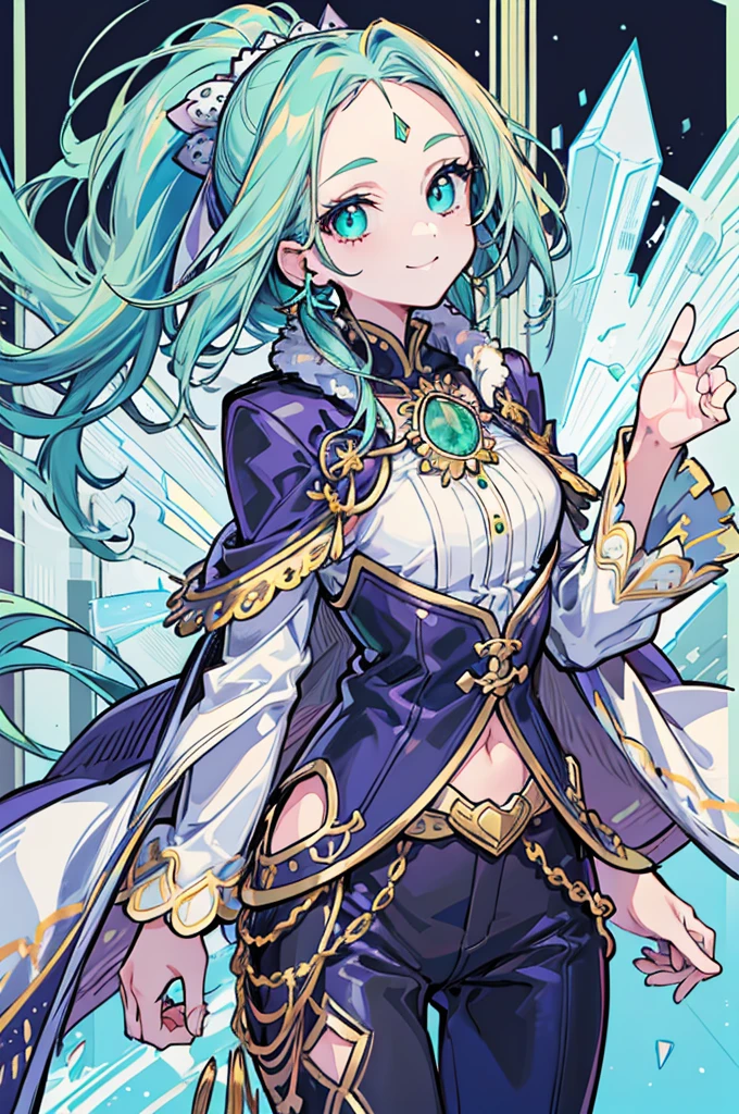 1girl, solo, looking at viewer, cowboy shot, standing, right smile, long hair, ponytail, long sideburns, (forehead jewel), hair ornament, (white background), jewelry, (cyan eyes), jewelry earrings, ((emerald hair)), particles, jewelry ornament, pants, long-sleeves, cape, fur trim, (masterpiece), (best quality), (ultra-detailed), (illustration:1.2), (perfect hands:1.4, two legs), perfectly structured, natural proportions, extremely detailed beautiful anime face,