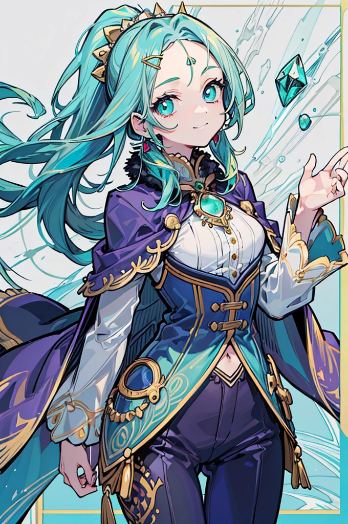 1girl, solo, looking at viewer, cowboy shot, standing, right smile, long hair, ponytail, long sideburns, (forehead jewel), hair ornament, (white background), jewelry, (cyan eyes), jewelry earrings, ((emerald hair)), particles, jewelry ornament, pants, long-sleeves, cape, fur trim, (masterpiece), (best quality), (ultra-detailed), (illustration:1.2), (perfect hands:1.4, two legs), perfectly structured, natural proportions, extremely detailed beautiful anime face,