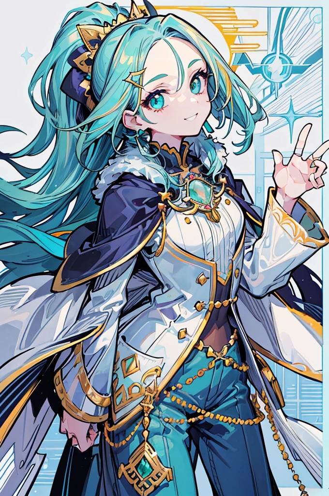 1girl, solo, looking at viewer, cowboy shot, standing, right smile, long hair, ponytail, long sideburns, (forehead jewel), hair ornament, (white background), jewelry, (cyan eyes), jewelry earrings, ((emerald hair)), particles, jewelry ornament, pants, long-sleeves, cape, fur trim, (masterpiece), (best quality), (ultra-detailed), (illustration:1.2), (perfect hands:1.4, two legs), perfectly structured, natural proportions, extremely detailed beautiful anime face,