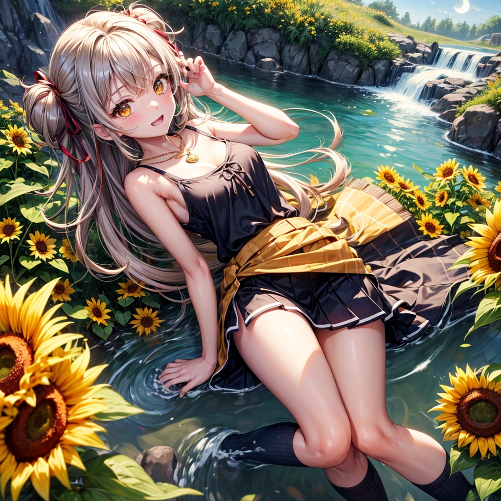 Red, brown, gold, gold hair、Golden Eyes、Hair tied up、One good looking girl、solo、anime、Checkered mini skirt、Ruffles on the skirt、camisole、Lightweight cardigan、Black knee-high socks、Wearing a baseball cap、Ribbon、Ribbon on waist、Teeth are visible、Silver coin necklace、shine、From above、Sparks are flying、tunnel、Cobblestones、waterfall、Clear Stream、Sunflower field、Have sunflowers、Midnight Moon、Winding Road、Unlocking