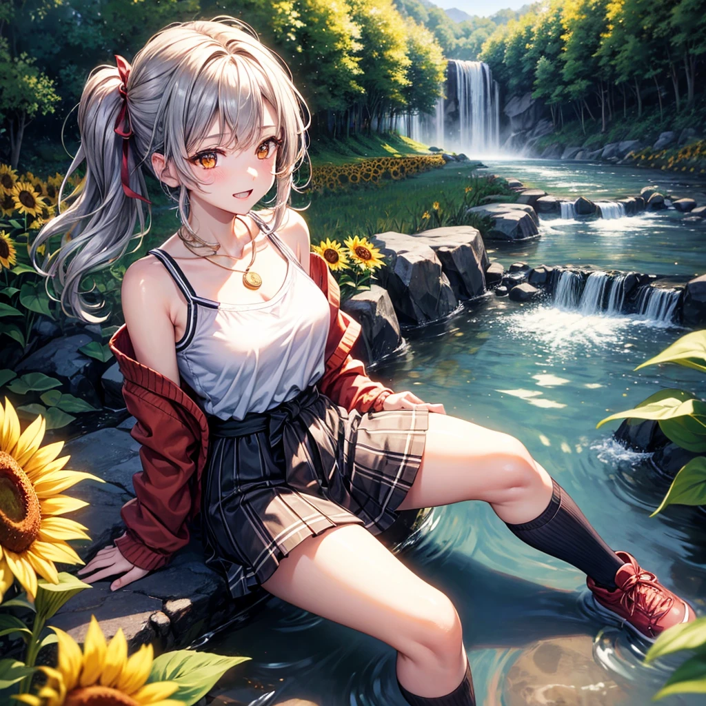 Red, brown, gold, gold hair、Golden Eyes、Hair tied up、One good looking girl、solo、anime、Checkered mini skirt、Ruffles on the skirt、camisole、Lightweight cardigan、Black knee-high socks、Wearing a baseball cap、Ribbon、Ribbon on waist、Teeth are visible、Silver coin necklace、shine、From above、Sparks are flying、tunnel、Cobblestones、waterfall、Clear Stream、Sunflower field、Have sunflowers、Midnight Moon、Winding Road、Unlocking
