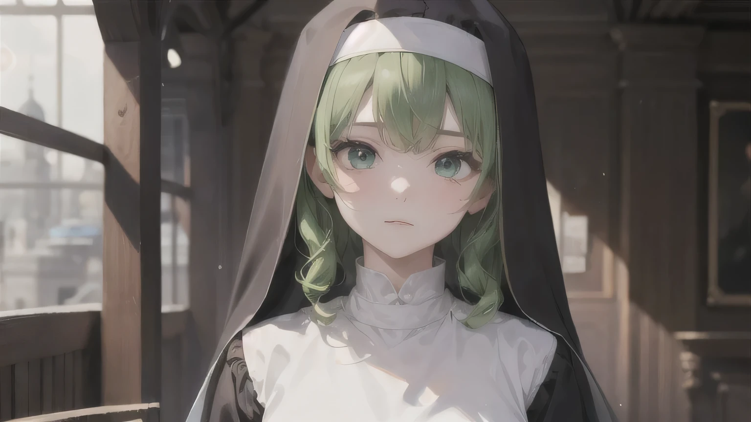 One Girl,20-year-old,Beautiful Face,Upper Body,Wavy Hair, Green Hair,Parted bangs、 Sharp focus,Nun's clothing、A shy smile、Gentle eyes、Droopy eyes、Green Eyes