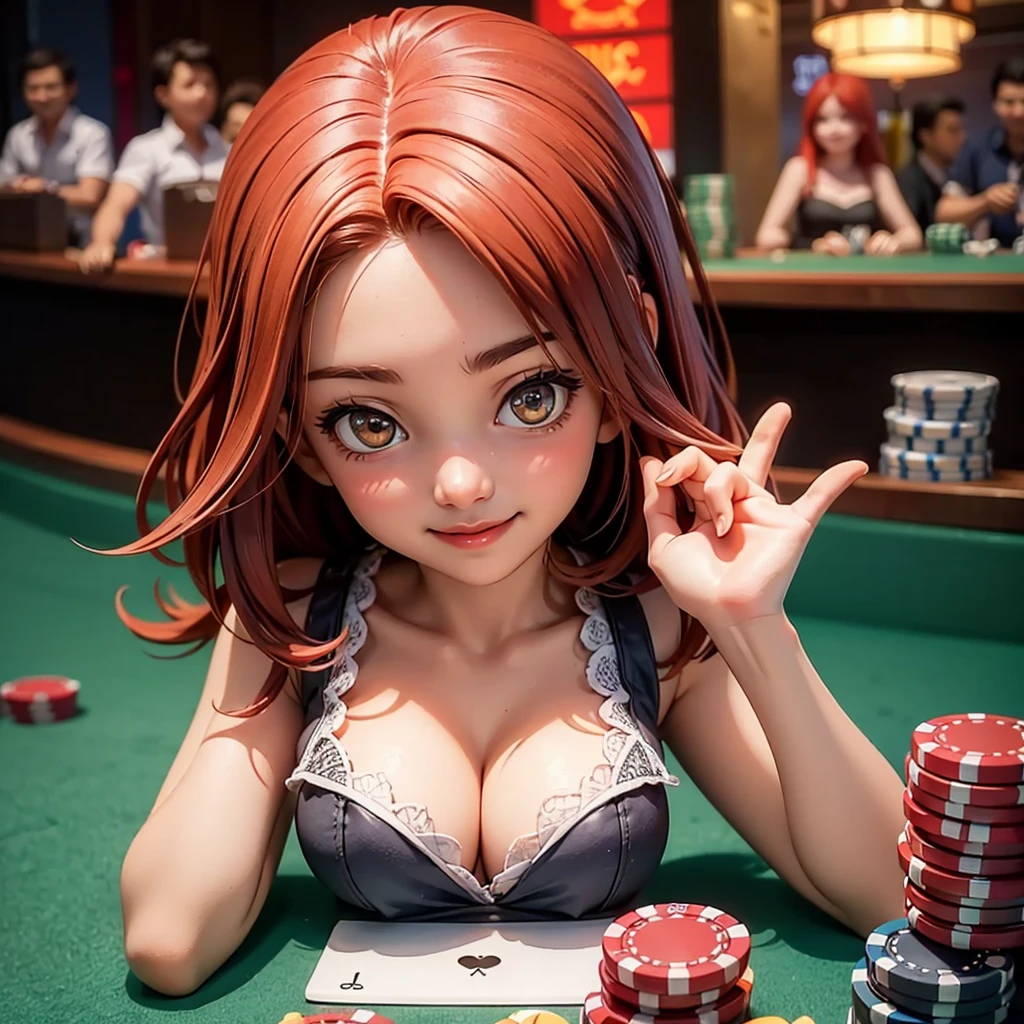 happy and smile, indonesian girl wearing high , teasing you, waiting customer play, work as casino customer service, red casino background, polite and kind, POV, Sweet Face, red hair