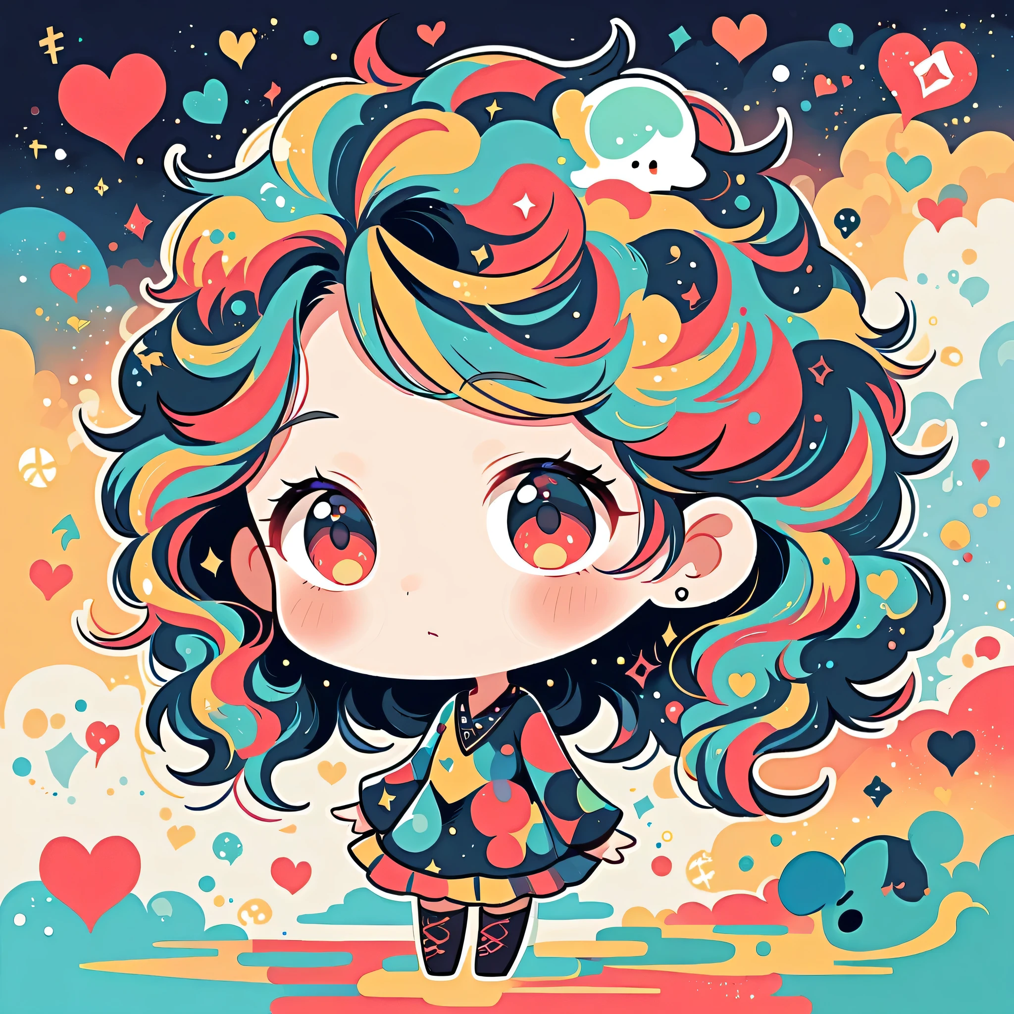 Black Star Red and White style, Simple Line Initialism,Abstract art,Urban Background, colorful hearts ,(((The most beautiful girl of all time))), (((chibi))), Looking up at the night sky, Cute amoeba.