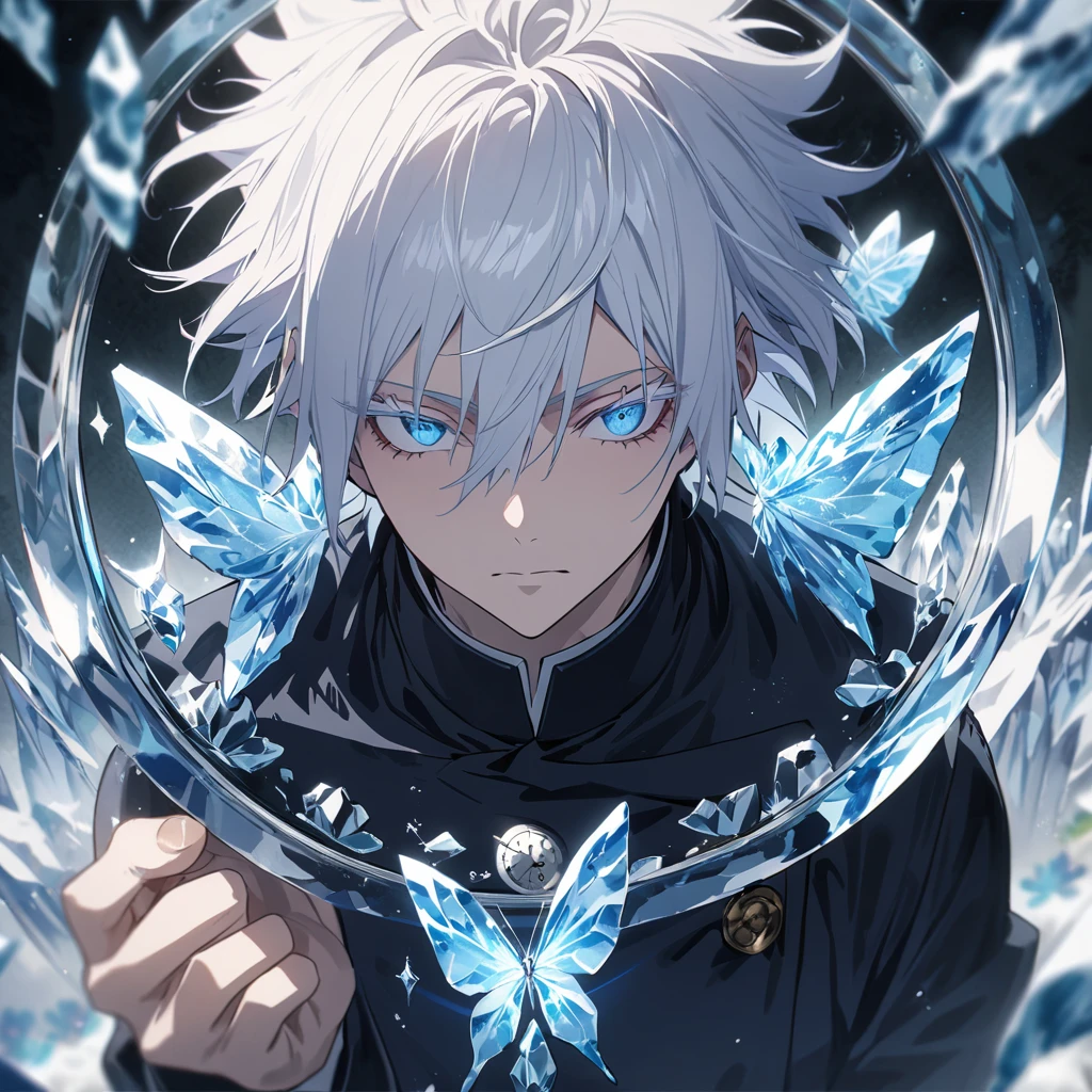 Absurd, High resolution, Super detailed, High resolution, masterpiece, Highest quality, Highly detailed face and eyes, Perfect Face, Beautiful Eyes, Gojo Satoru, White hair with bangs, Hair between the eyes, Expressive blue eyes, White eyelashes, JUJUTSU KAİSEN, alone, Sexy man, good looking, Ice Clock, Ice Butterfly, Ice Tree, Ice Flower, Ice Flowerびら