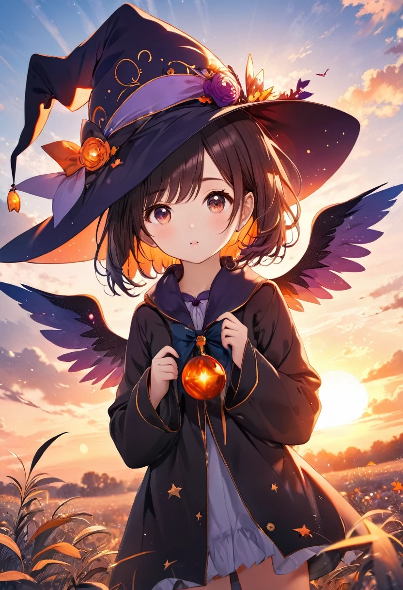 a beautiful little girl with a witch's hat, angel wings, sunrise