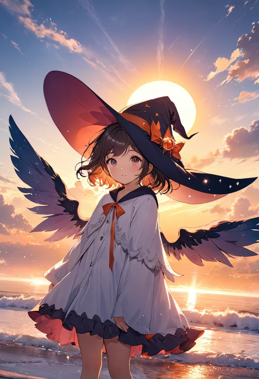 a beautiful  girl with a witch's hat, angel wings, sunrise