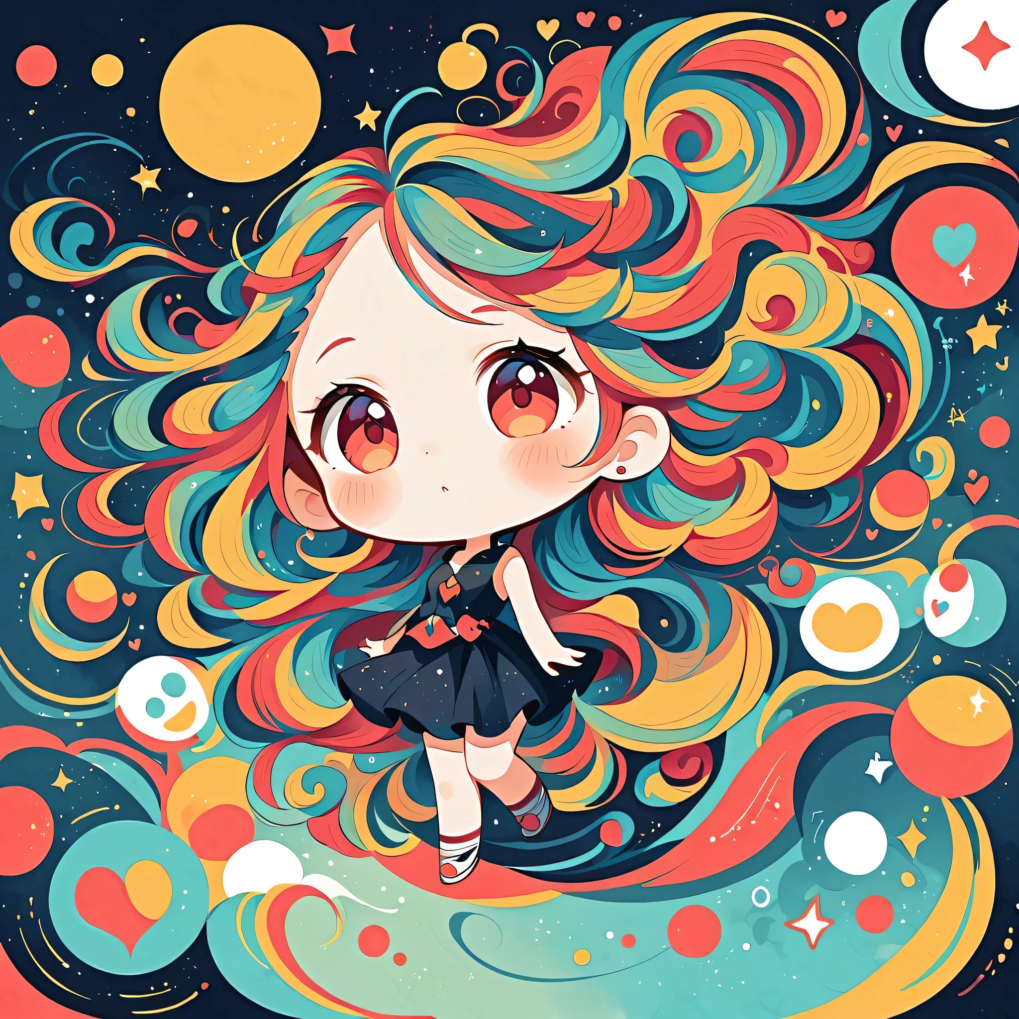 Black Star Red and White style, Simple Line Initialism,Abstract art,Urban Background, colorful hearts ,(((The most beautiful girl of all time))), (((chibi))), Looking up at the night sky, Cute amoeba.