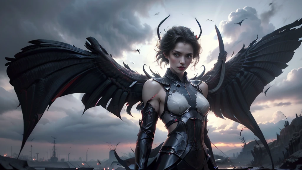 The lost god, Angel Wings and Demon Lord Wings, (Realistic picture, highest resolution, 16K), (A demon god with wide wings and enormous power on his shoulders..., Twelve wings on the shoulders., black bat wings:1.3 white angel wings:1.5), Have wings 100 Have wings 1000, (Beautiful girl with two meter long hair, shiny black hair, Smooth white skin, very red lips), ((stand, already)), (หน้าอกbig, หัวbig tits), (gigantic breast, small waist, hips raised, small thighs, Long legs), (dynamic poses), Separate theme, (Angel wings and devil wings), floating in the air above the ground, background darkness, Embraced with twelve wings, ปีกSeparate themeชัดเจน, Angel wings and devil wings, white and black wings, ทรงสวมมงกุฏขนาดbig, The busiest breasts, big , Porn, just, exposed body, tight, All smooth., see the whole body, full body,