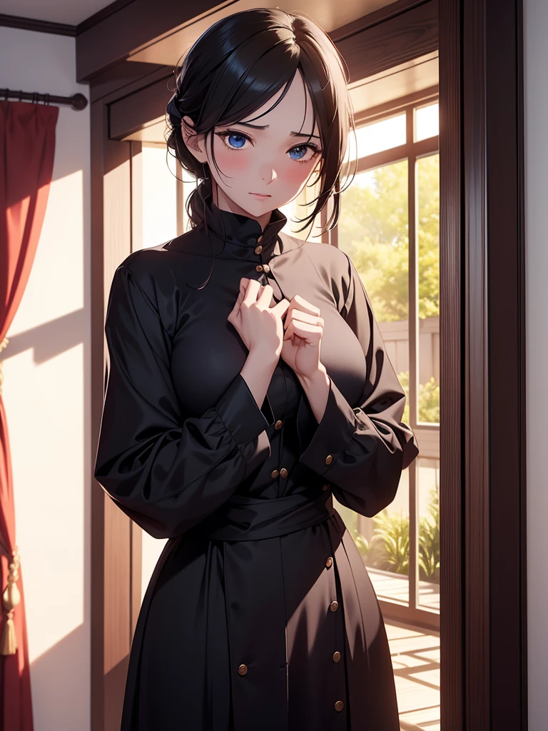 (masterpiece、top-quality、hight resolution、Unity 8k Wallpaper、extremely details CG:1), A man-drenched widow, dressed in high quality, modest clothing, is being pressed by a young man who, while on the surface refusing, is intensely effeminate and blushing strongly. She can't take her eyes off the man, and her face is a mixture of surprise, embarrassment, and craving for amorous intercourse. The setting is a cozy private room, capturing the moment when we see the face of a woman hungry for amorous intercourse. nsfw