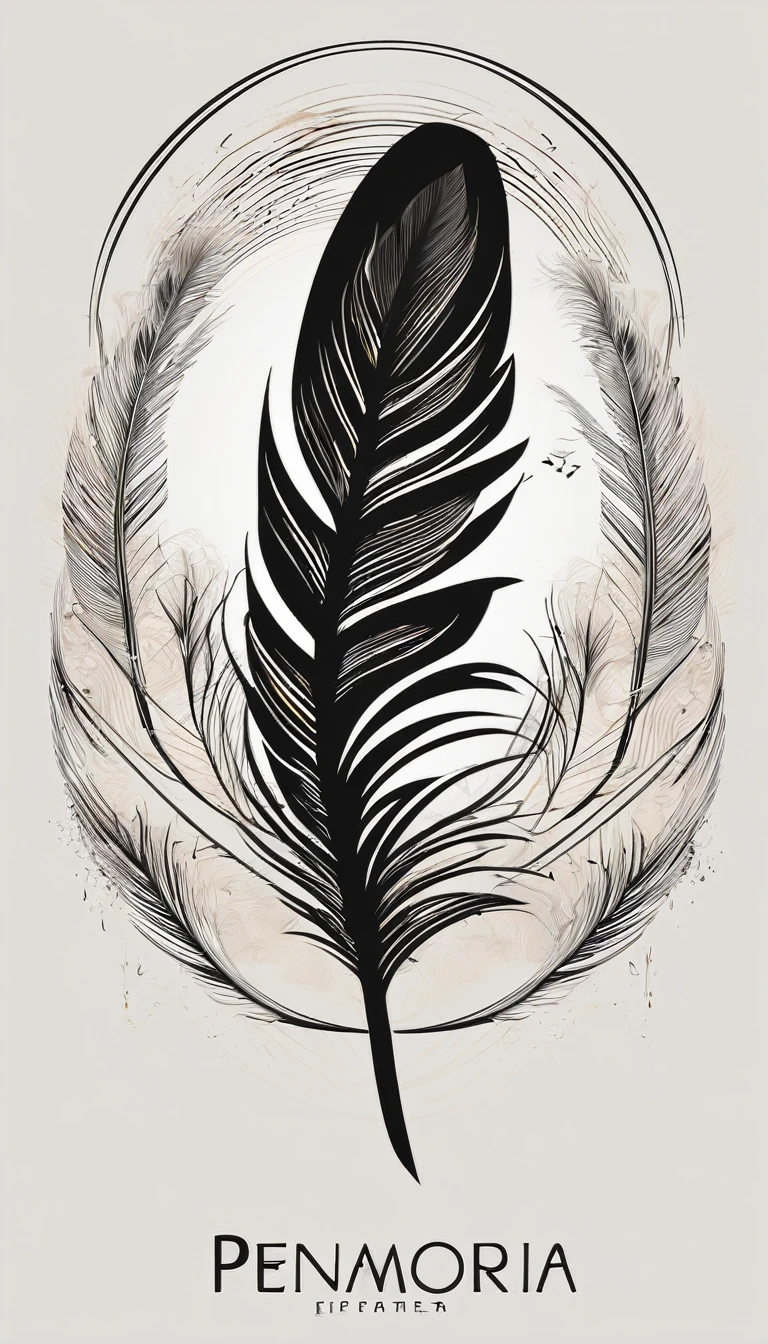 Create a logo design of a special, unique, poetic, minimalistic feather that represents a special creative brand called " Penamemoria". The brand is created by an artist called Rafael Figueiras. The logo must convey the sense of storytelling and music. Must include a boy, one acoustic guitar, a feather and a fantastic bird. Logo design and icon design present and impressed on a white t-shirt.