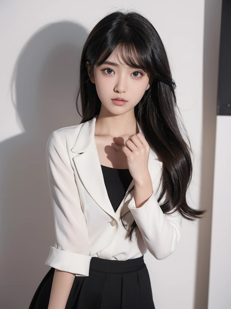 A high school girl in .
She's very beautiful.
a hair style with a shaggy texture.
It's medium black hair.
a head-to-chest photo.
White background