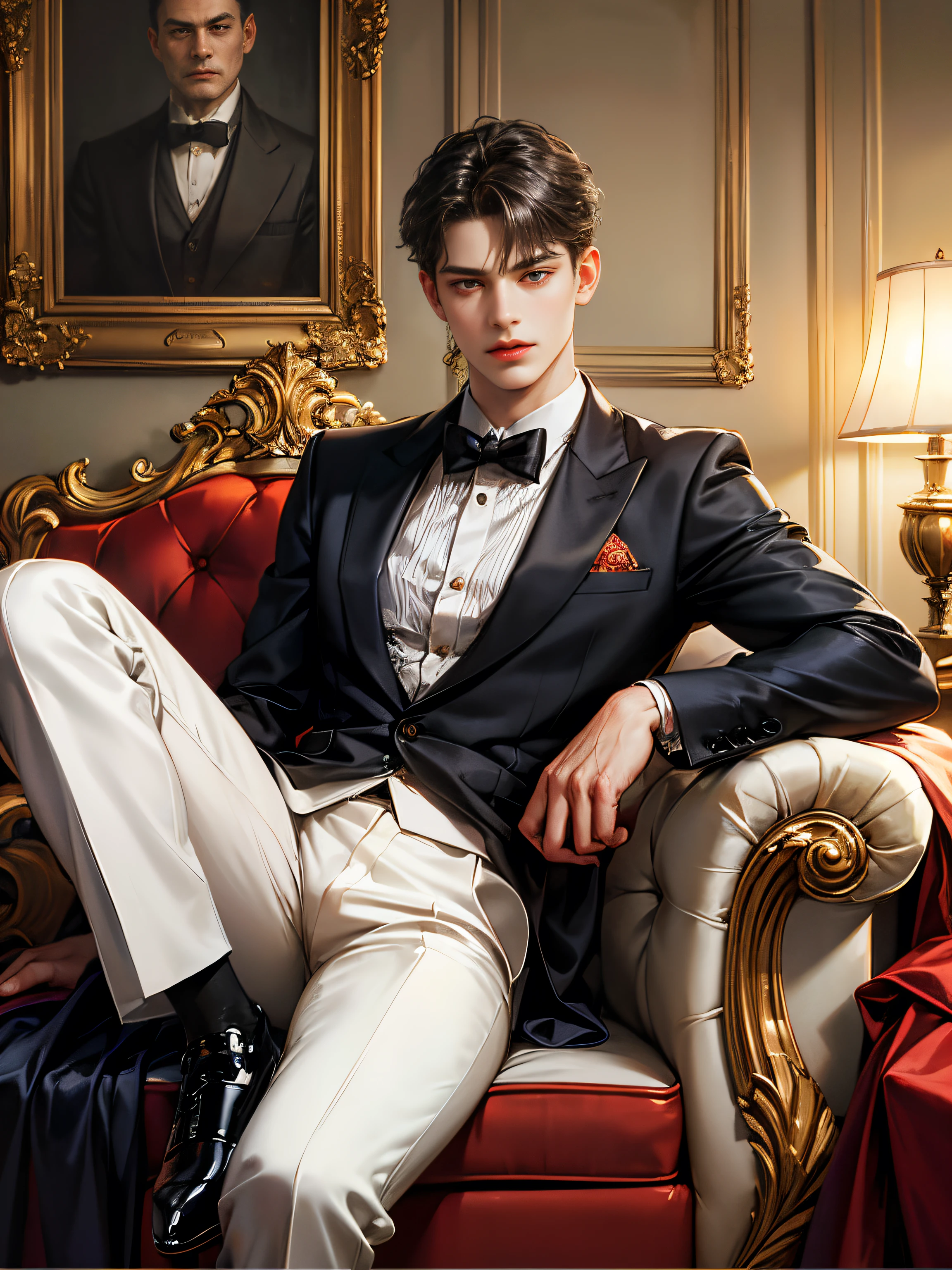 (nonsense, high resolution, Very detailed, HDR), Masterpiece, best quality, A drawing of a boy, Handsome young man with red eyes, detailed face, At the hotel, young internal organs, Handsome hotel owner, professional photos, Details of the torso of a man who was raped, Sit comfortably with your legs apart..., (fat(from below:1.1)), beholder's eyes,18 year old boy, handsome man, Detailed background, Masterpiece art