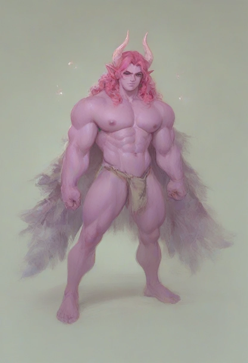A purple skin man, with pink hair and horns, buff, athletic, big muscles, warrior, big chest, manly face, long hair, making a acorbatic presentation in a circus