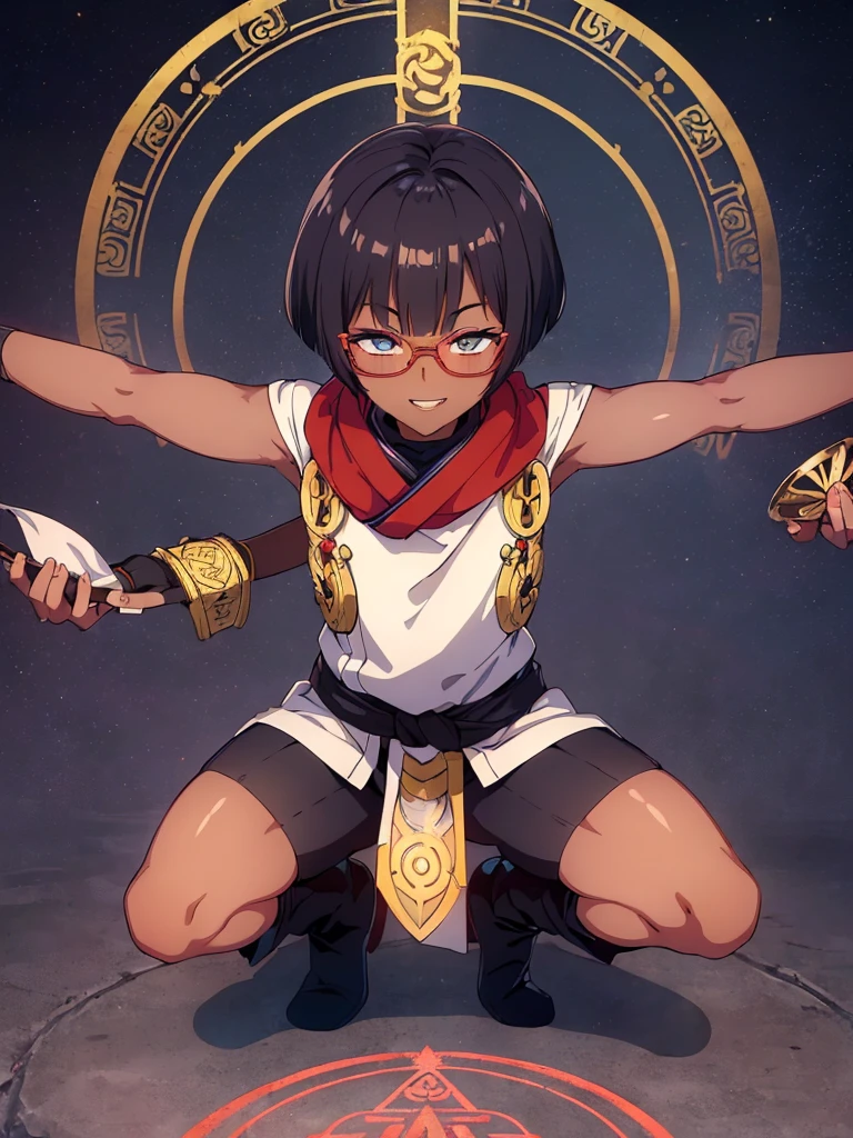 (flat chest), (masterpiece:1.2), highest quality, High resolution, unity 8k wallpaper, (fine and beautiful eyes:1.6), highly detailed face, perfect lighting, Detailed CG, (perfect hands, perfect anatomy), (1 boy solo:1.4), 20 years old, black hair, extremely beautiful detailfeminine face and eyes, (evil smile:1.4), detailed eyes, best quality,( dark skin:1.8), (turtleneck shirt under yukata:1.2), (bike shorts:1.2), extremely detailed, very precise detailed, (glasses:1.3), blunt bangs, open mouth, (very short pixie cut:1.2), boots,fingerless gloves, smile, (half closed eyes:1.5) ,(squat in magic circle on ground:1.1) ,night sky,long sidelocks,(long red Scarf),(yukata),(squatting),(acrobat pose:1.3),(squat:1.3),(one knee dwon:1.5),(Put one foot in front:1.3),(stylish pose:1.4),(Raise only index finger:1.1),(spread arms:1.5), (1990s \(style\)),(in magic circle on ground only:1.3),(from above:1.2),(open magic scroll by both hands:1.9),(have magic scroll:1.3)