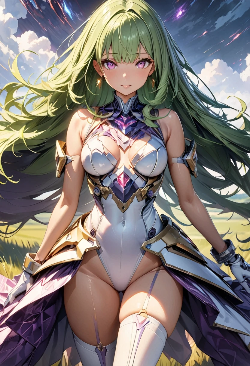 (Perfect Anatomy)、Mastepiece、Ultra High Quality、 8K、masterpiece、Highest quality、Ultra-high resolution、Maximum resolution、Very detailed、Professional Lighting、anime、woman、thin、so beautiful、Highly detailed eye、Highly detailed face、Golden earrings、Green Hair,、Pink eyes、grassland, whole body, transformation heroine, white leotard, purple pattern, white thigh high boots, white opera length gloves, waist mechanical armor, mechanical headgear, wrist mechanical armor