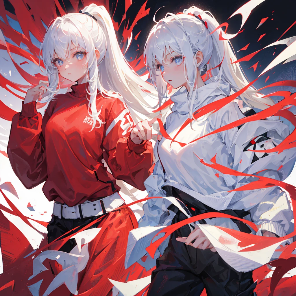 A girl with a high ponytail wearing a red sweatshirt,Beautiful figure,White hair,Pure white background
