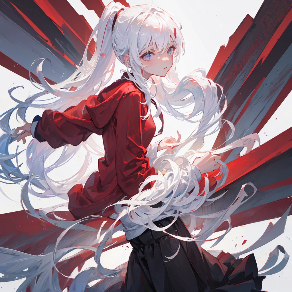 A girl with a high ponytail wearing a red sweatshirt,Beautiful figure,White hair,Pure white background