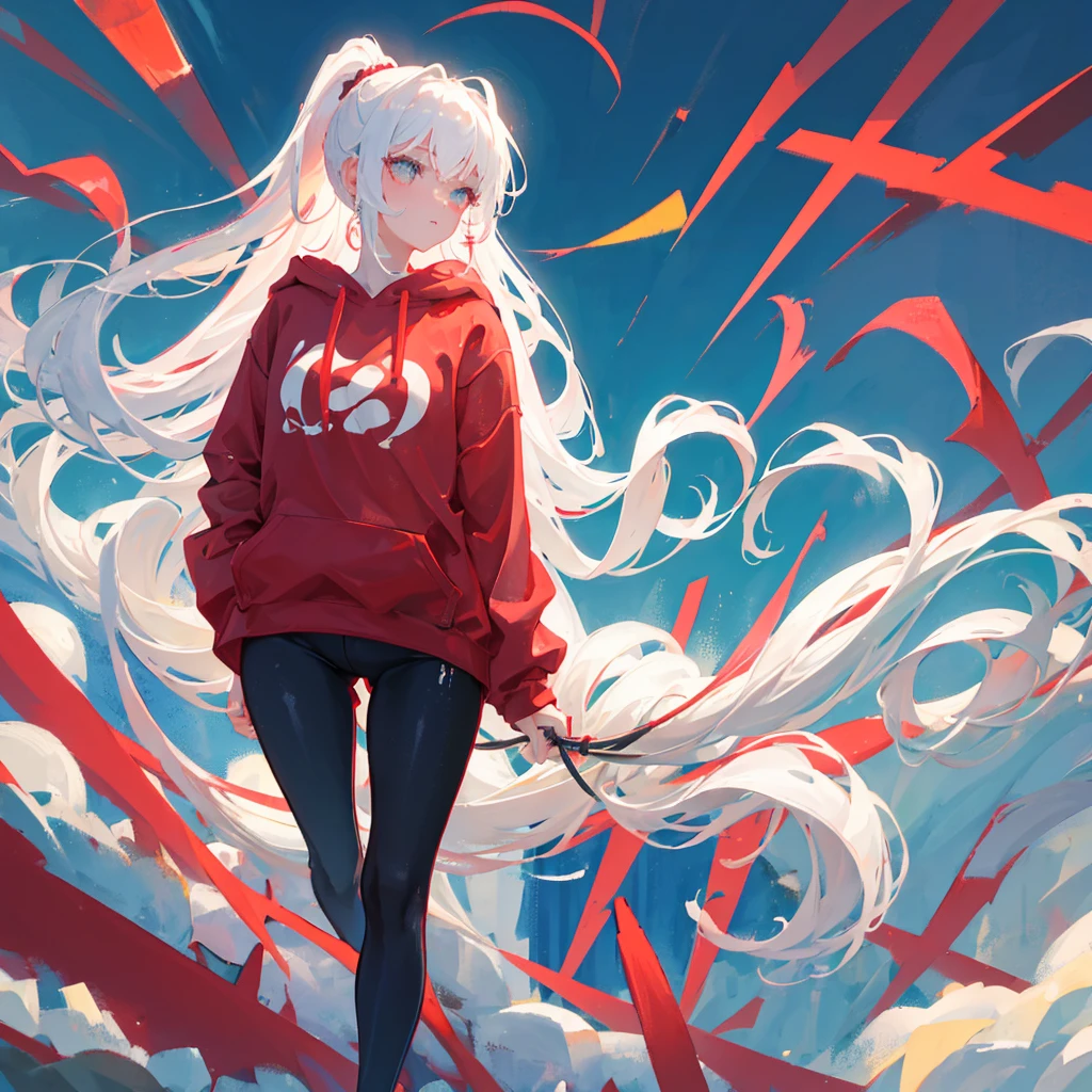 A girl with a high ponytail wearing a red sweatshirt，Beautiful figure，White hair，Pure white background