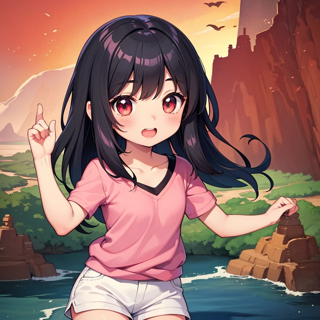 Watercolor painting,Chibi A cartoon little girl wearing a pink V-neck shirt and white shorts, Show your bright teeth, Big cute eyes, Cute numbers, Cute numbers艺术, Beautifully detailed digital art, Lovely portrait, Cartoon art style, Super cute and stylish black-haired girl, Kawaii realistic portrait, Cute cartoon style, (((Red Cliff))) Beautiful Art, Realistic cute girl's bangs bob,Brown eyes black hair