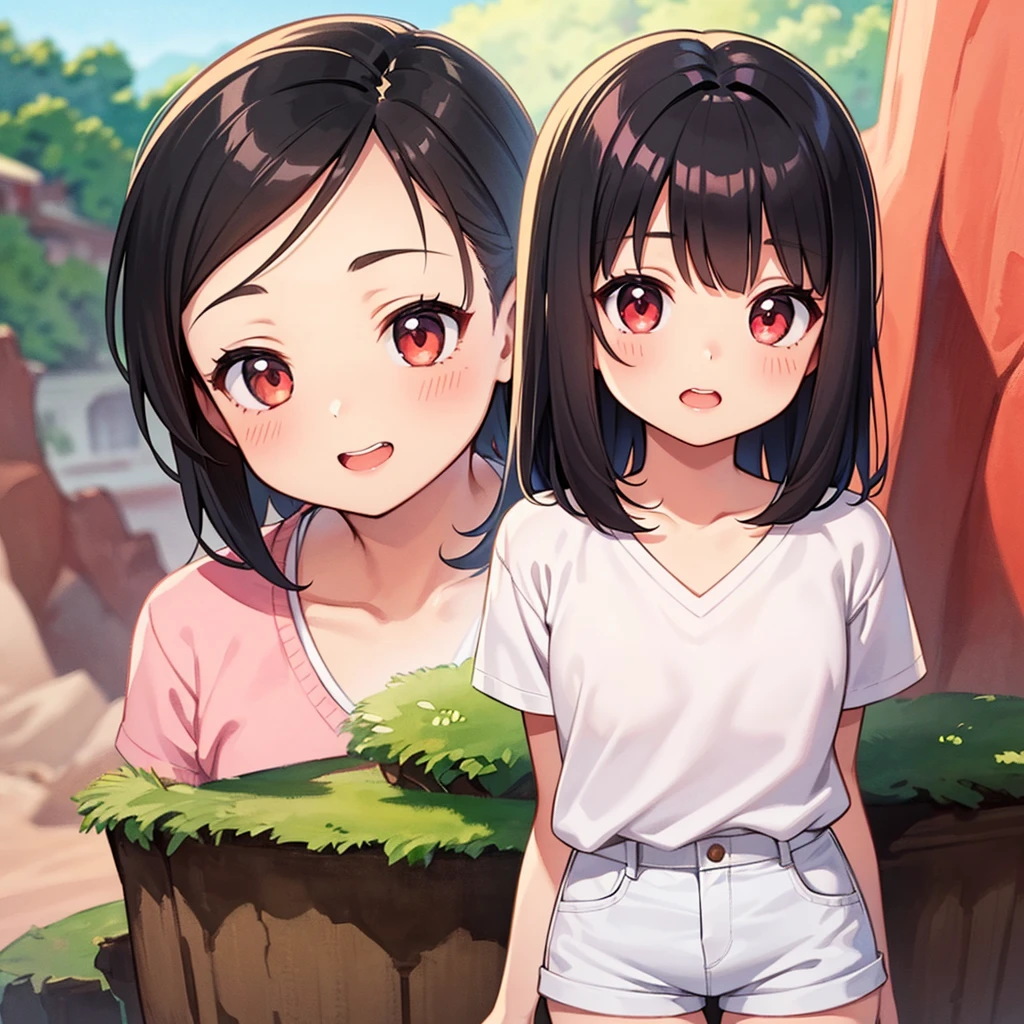 Watercolor painting,Chibi A cartoon little girl wearing a pink V-neck shirt and white shorts, Show your bright teeth, Big cute eyes, Cute numbers, Cute numbers艺术, Beautifully detailed digital art, Lovely portrait, Cartoon art style, Super cute and stylish black-haired girl, Kawaii realistic portrait, Cute cartoon style, (((Red Cliff))) Beautiful Art, Realistic cute girl's bangs bob,Brown eyes black hair