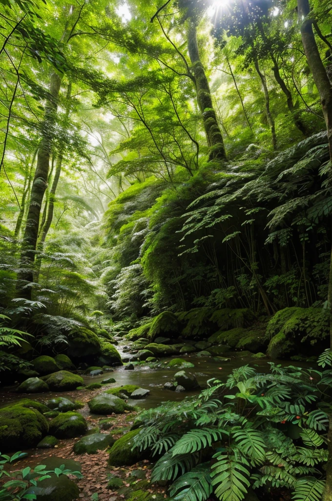 trees, plants, lush green foliage, vibrant flowers, towering trees, dense forest, sunlight filtering through the leaves, blooming blossoms, colorful petals, chirping birds, gentle breeze, rustling leaves, shades of green, moss-covered rocks, ferns and mosses, wildflowers, fresh air, tranquility, natural habitat
