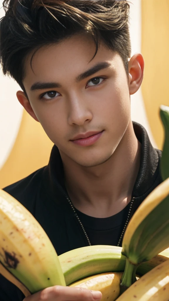 (RAW photo :1.2), (verisimilitude :1.4), (solid color background), Asian male, banana in hand, posing at screen smiling, very detailed eyes and face, super detailed, High resolution, very detailed, best quality, masterpiece, 8k, amazing, fine detail, soft lighting