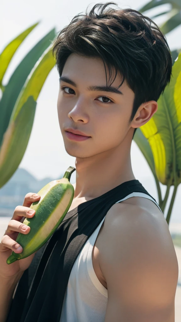 (RAW photo :1.2), (verisimilitude :1.4), (solid color background), Asian male, banana in hand, posing at screen smiling, very detailed eyes and face, super detailed, High resolution, very detailed, best quality, masterpiece, 8k, amazing, fine detail, soft lighting