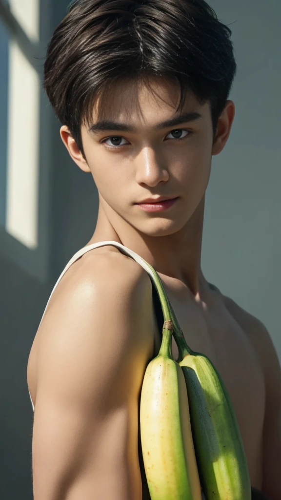 (RAW photo :1.2), (verisimilitude :1.4), (solid color background), Asian male, banana in hand, posing at screen smiling, very detailed eyes and face, super detailed, High resolution, very detailed, best quality, masterpiece, 8k, amazing, fine detail, soft lighting