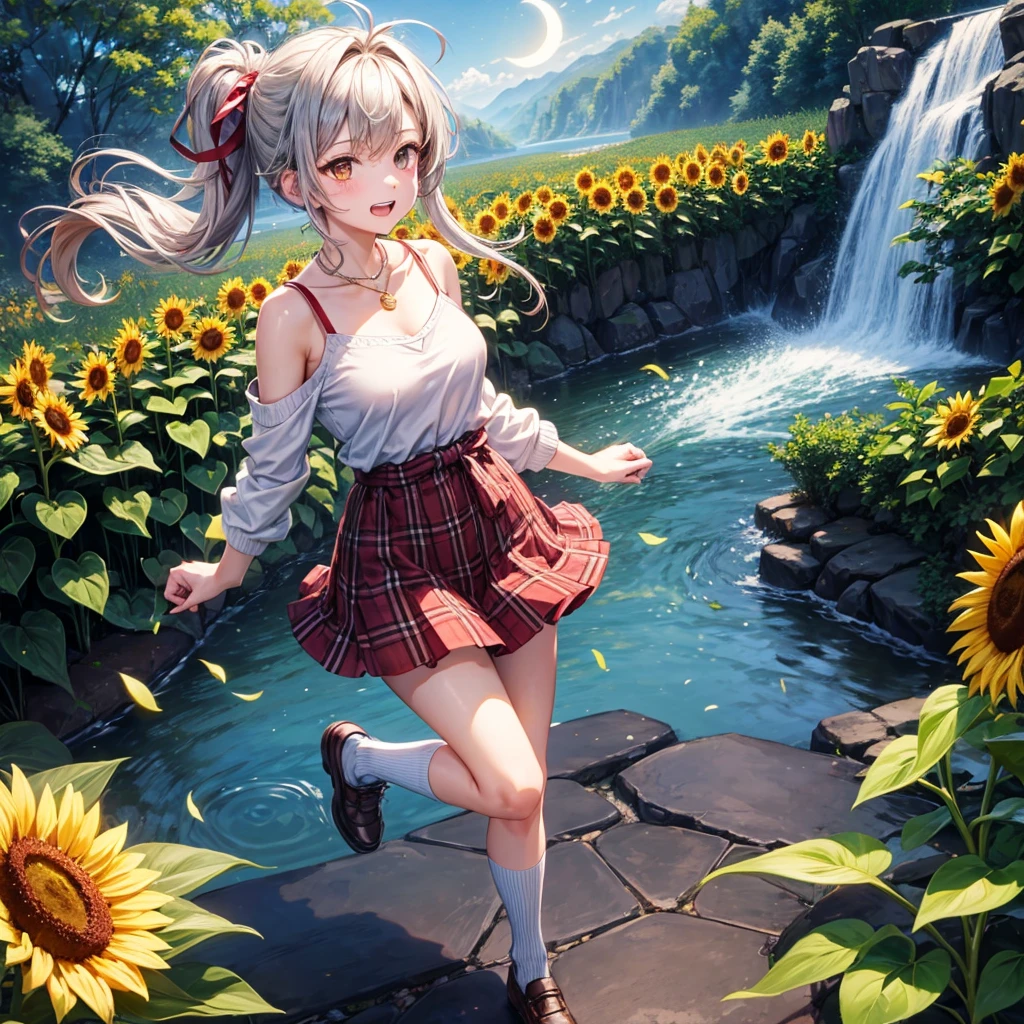 Red, brown, gold, gold hair、Golden Eyes、Hair tied up、One good looking girl、solo、anime、Checkered mini skirt、Ruffles on the skirt、camisole、Lightweight cardigan、Black knee-high socks、Wearing a baseball cap、Ribbon、Ribbon on waist、Teeth are visible、Silver coin necklace、shine、From above、Sparks are flying、tunnel、Cobblestones、waterfall、Clear Stream、Sunflower field、Have sunflowers、Midnight Moon、Winding Road、Unlocking