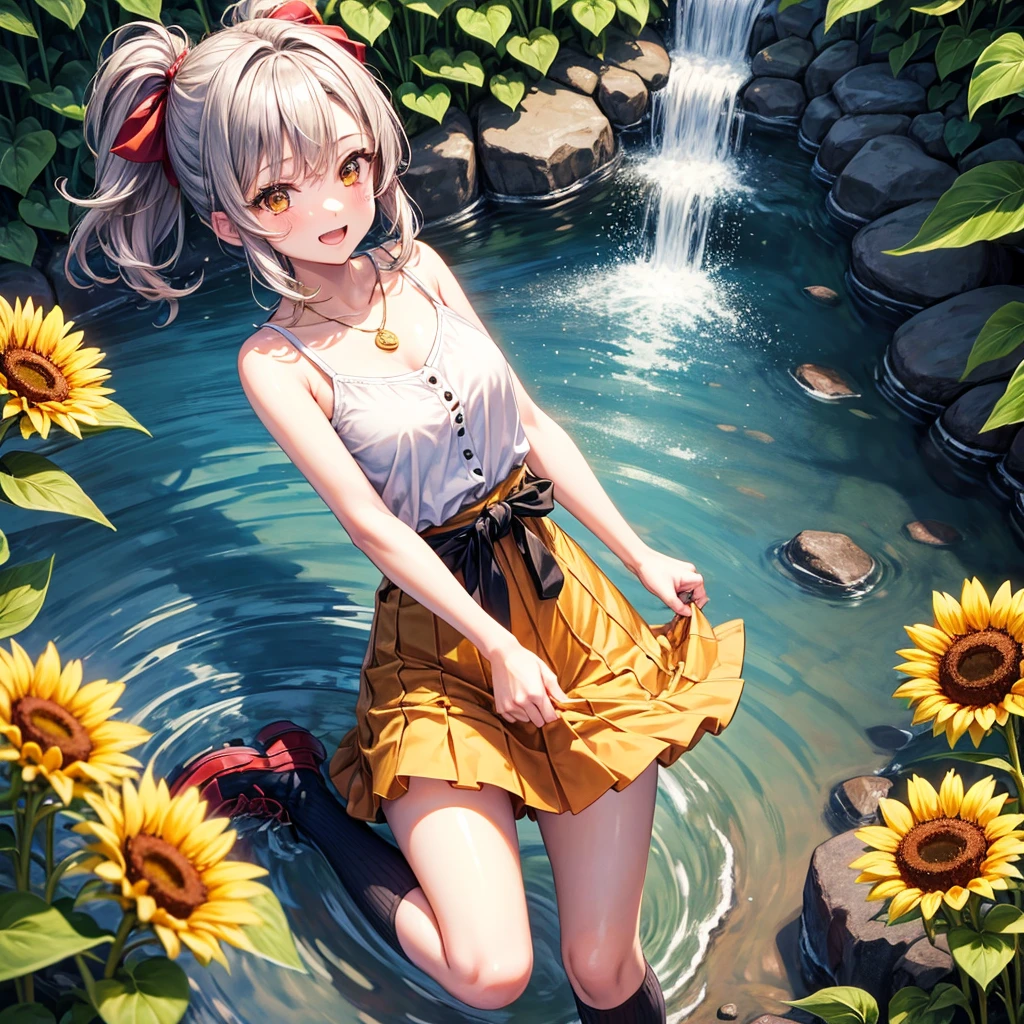 Red, brown, gold, gold hair、Golden Eyes、Hair tied up、One good looking girl、solo、anime、Checkered mini skirt、Ruffles on the skirt、camisole、Lightweight cardigan、Black knee-high socks、Wearing a baseball cap、Ribbon、Ribbon on waist、Teeth are visible、Silver coin necklace、shine、From above、Sparks are flying、tunnel、Cobblestones、waterfall、Clear Stream、Sunflower field、Have sunflowers、Midnight Moon、Winding Road、Unlocking