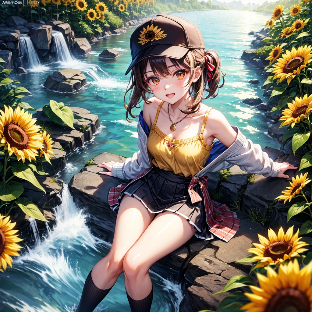Red, brown, gold, gold hair、Golden Eyes、Hair tied up、One good looking girl、solo、anime、Checkered mini skirt、Ruffles on the skirt、camisole、Lightweight cardigan、Black knee-high socks、Wearing a baseball cap、Ribbon、Ribbon on waist、Teeth are visible、Silver coin necklace、shine、From above、Sparks are flying、tunnel、Cobblestones、waterfall、Clear Stream、Sunflower field、Have sunflowers、Midnight Moon、Winding Road、Unlocking