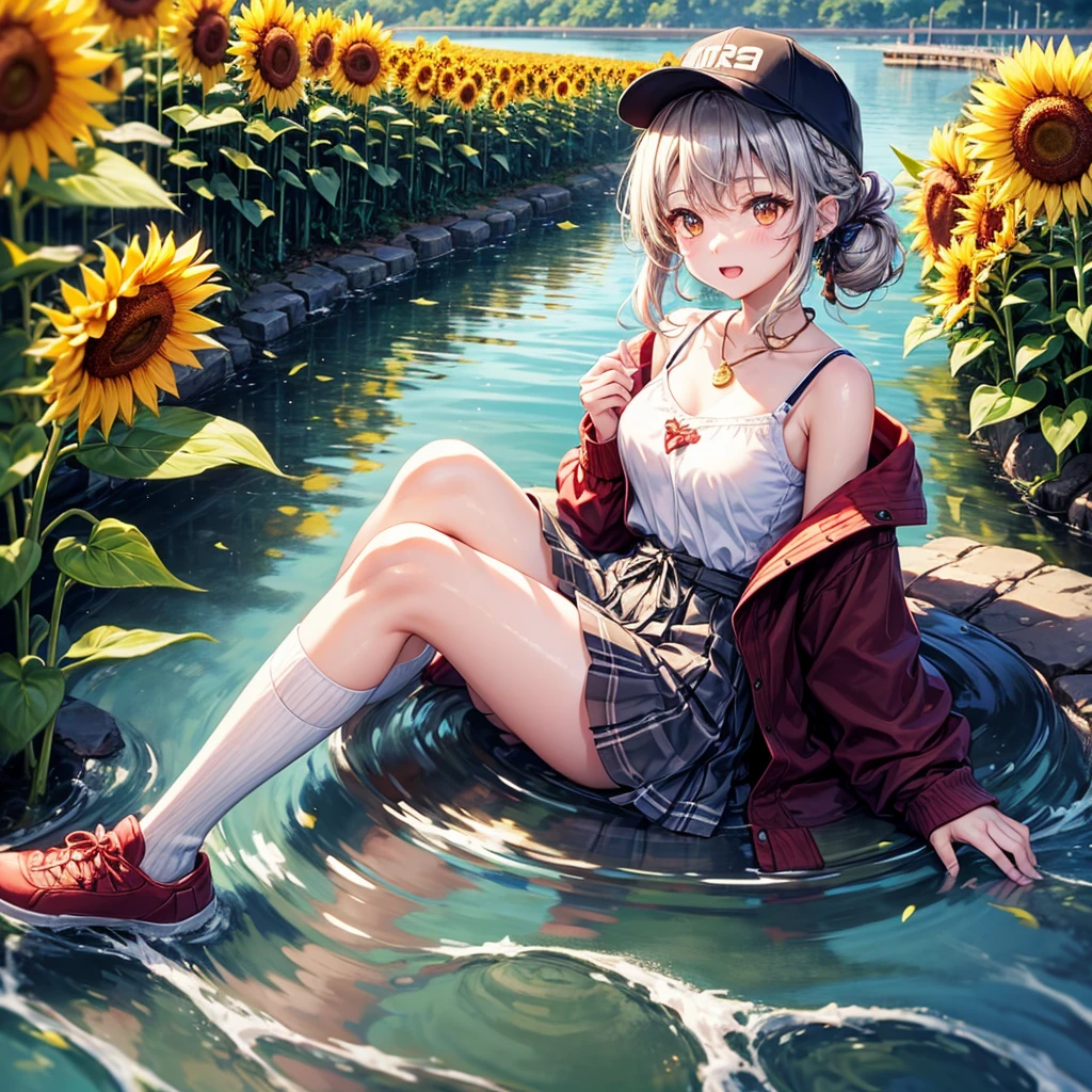 Red, brown, gold, gold hair、Golden Eyes、Hair tied up、One good looking girl、solo、anime、Checkered mini skirt、Ruffles on the skirt、camisole、Lightweight cardigan、Black knee-high socks、Wearing a baseball cap、Ribbon、Ribbon on waist、Teeth are visible、Silver coin necklace、shine、From above、Sparks are flying、tunnel、Cobblestones、waterfall、Clear Stream、Sunflower field、Have sunflowers、Midnight Moon、Winding Road、Unlocking