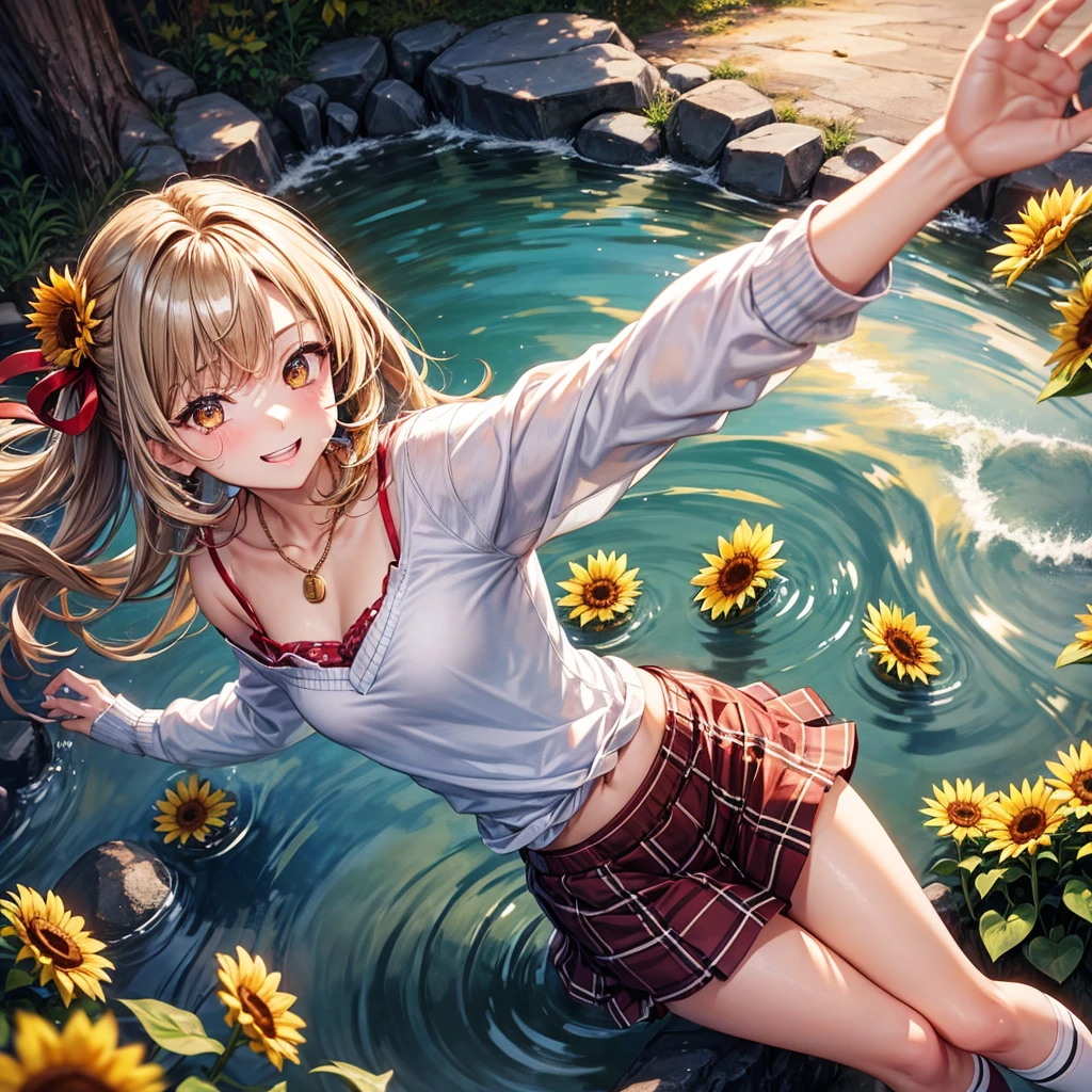 Red, brown, gold, gold hair、Golden Eyes、Hair tied up、One good looking girl、solo、anime、Checkered mini skirt、Ruffles on the skirt、camisole、Lightweight cardigan、Black knee-high socks、Wearing a baseball cap、Ribbon、Ribbon on waist、Teeth are visible、Silver coin necklace、shine、From above、Sparks are flying、tunnel、Cobblestones、waterfall、Clear Stream、Sunflower field、Have sunflowers、Midnight Moon、Winding Road、Unlocking