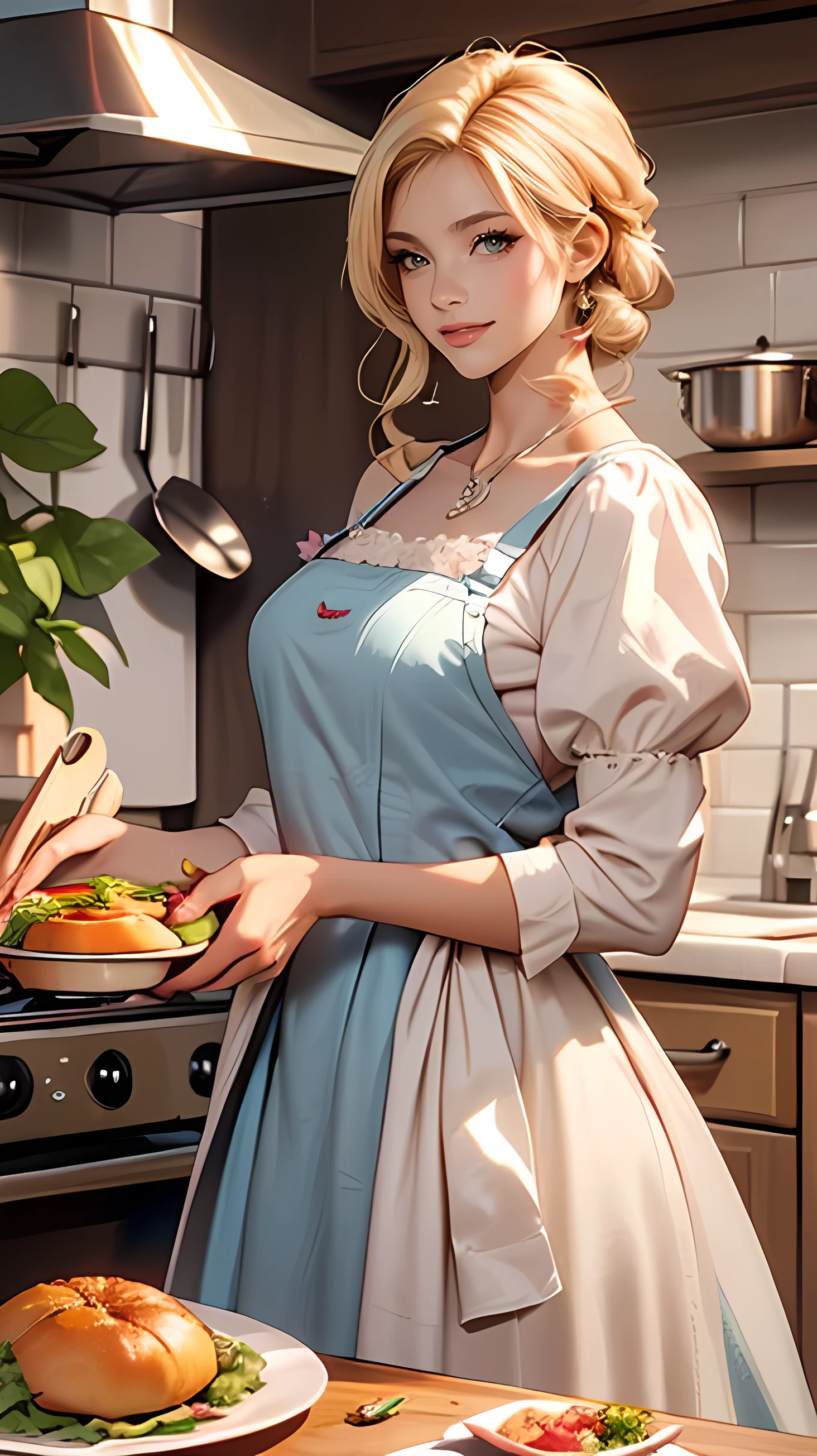 Delicate and beautiful CG art),(highest quality, Very detailed, High resolution),(Dynamic Angle, Dynamic Lighting),(One character),(Long pink and blonde hair), blue eyes, Beautiful Face), 1 girl, (Long sideburns, plant, smile, long blue dress, kitchen, cooking, food