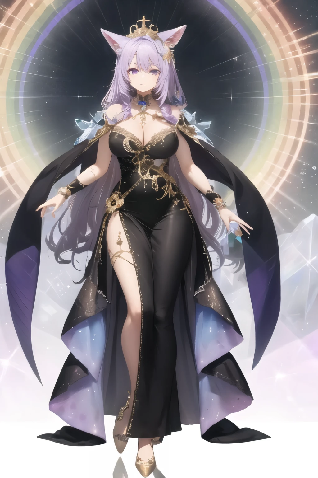 half length body image of an older woman with long light purple hair, purple eyes, foxtails, in a long rainbow dress, a crystal crown on her head, and crystal rainbows in the background