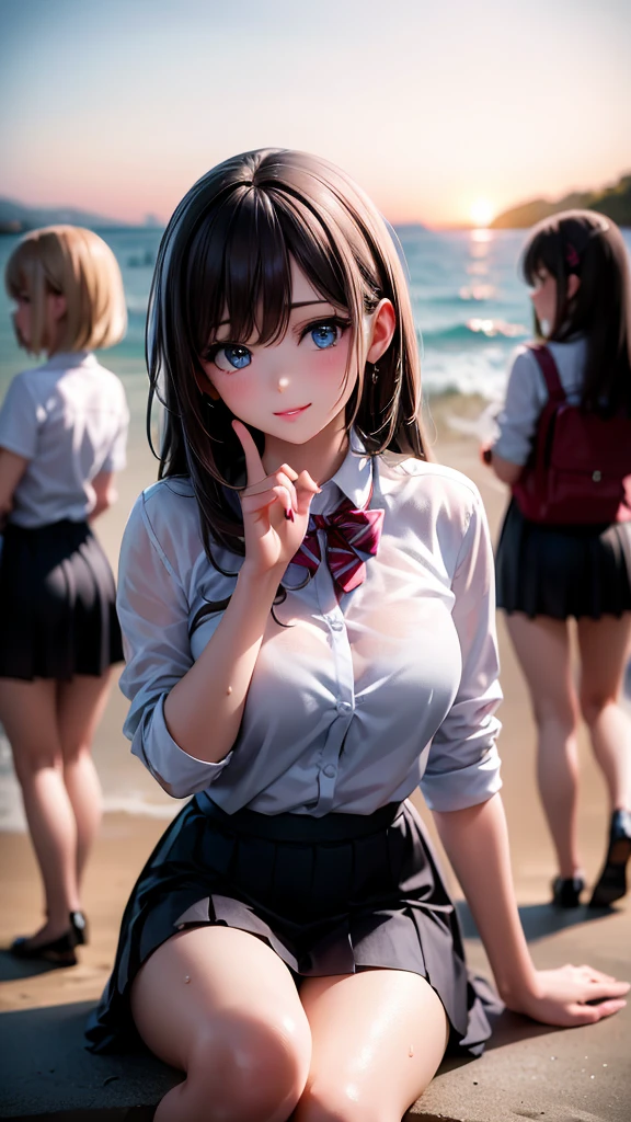 a beautiful girl with long brown hair and blue eyes, looking at the viewer with a gentle smile, her bangs framing her face, wearing a white collared shirt and a pleated blue skirt, sitting on a beach as the sun sets in the background, her friends with black and brown hair sitting beside her, all wearing similar outfits with striped socks and pleated skirts, their hands raised in a friendly gesture, flying sweat drops adding to the lively, energetic atmosphere, (3girls:1.4), (best quality,8k,highres,masterpiece:1.2),ultra-detailed,(realistic,photorealistic,photo-realistic:1.37),studio lighting,vivid colors,physically-based rendering,professional,extremely detailed eyes and face,longeyelashes,beautiful detailed eyes,beautiful detailed lips