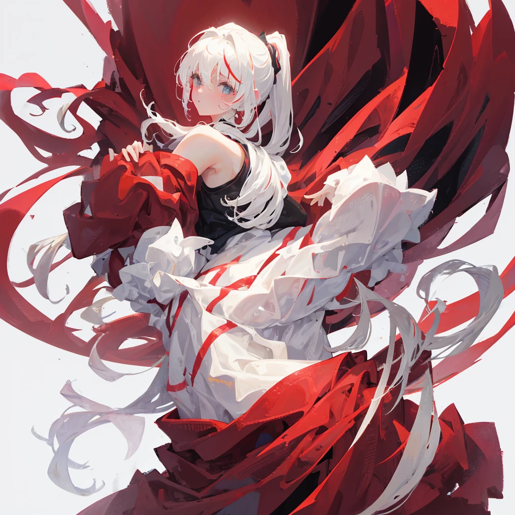 A girl with a high ponytail wearing a red sweatshirt,Beautiful figure,White hair,(Pure white background)