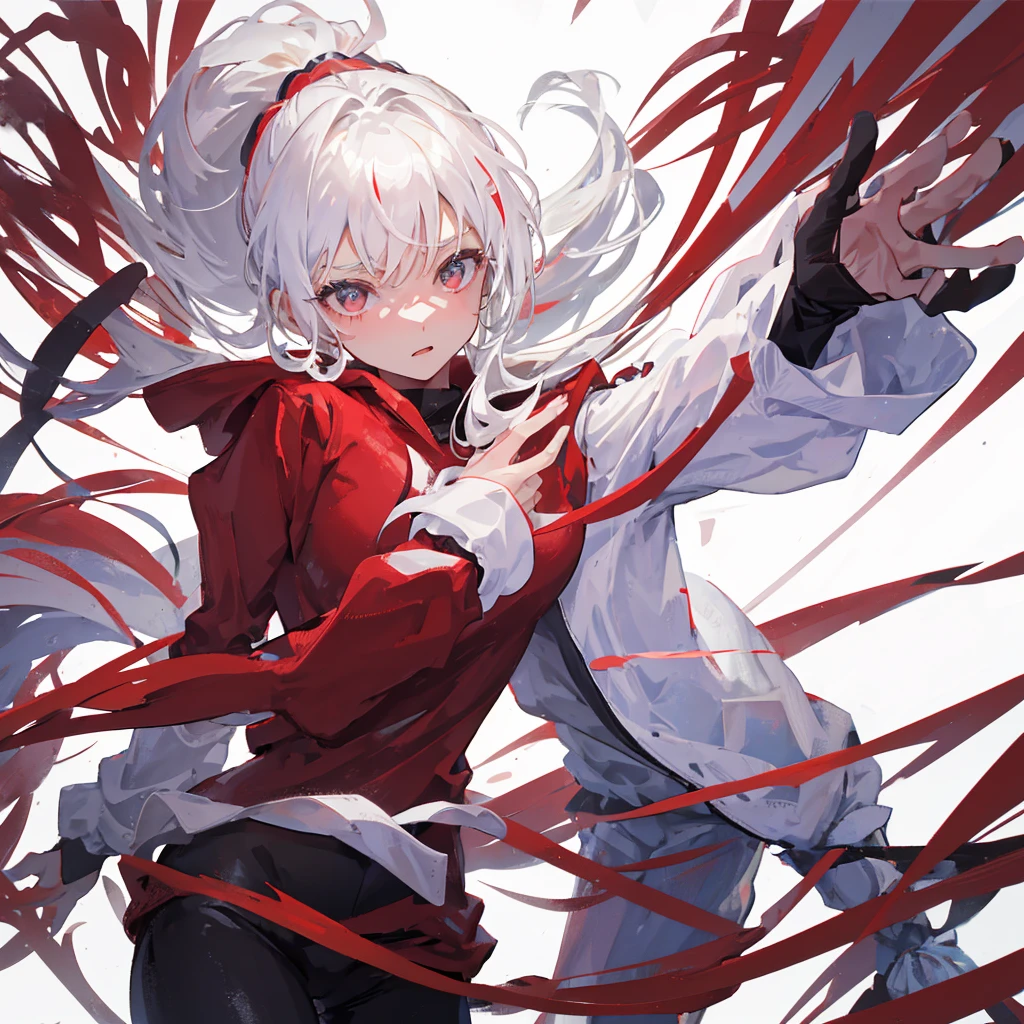 A girl with a high ponytail wearing a red sweatshirt,Beautiful figure,White hair,(Pure white background)