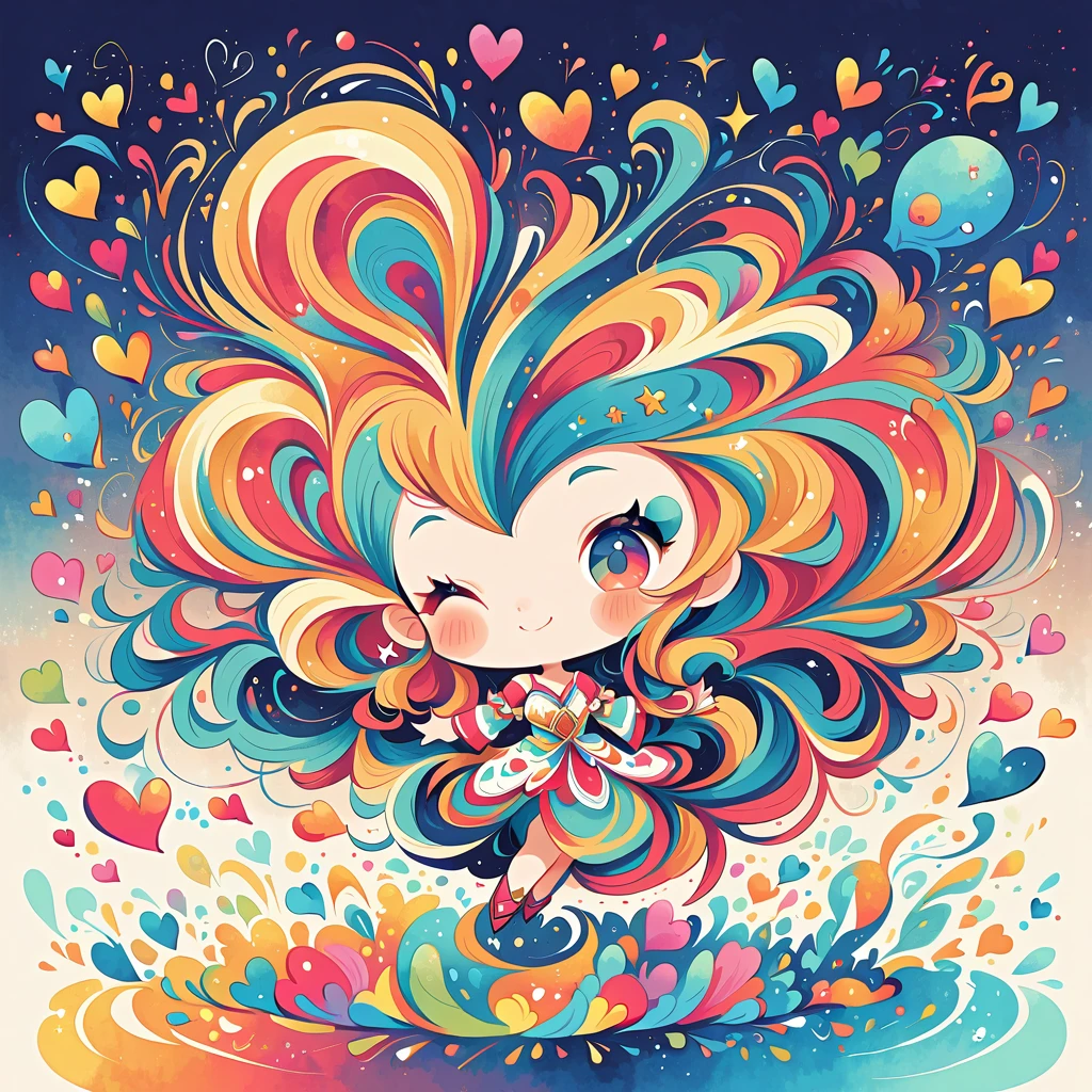 Mai Yoneyama style, Simple Line Initialism，Abstract art，Urban Background, colorful hearts ,(((The most beautiful girl of all time))), (((chibi))), happy dance with Cute amoeba.