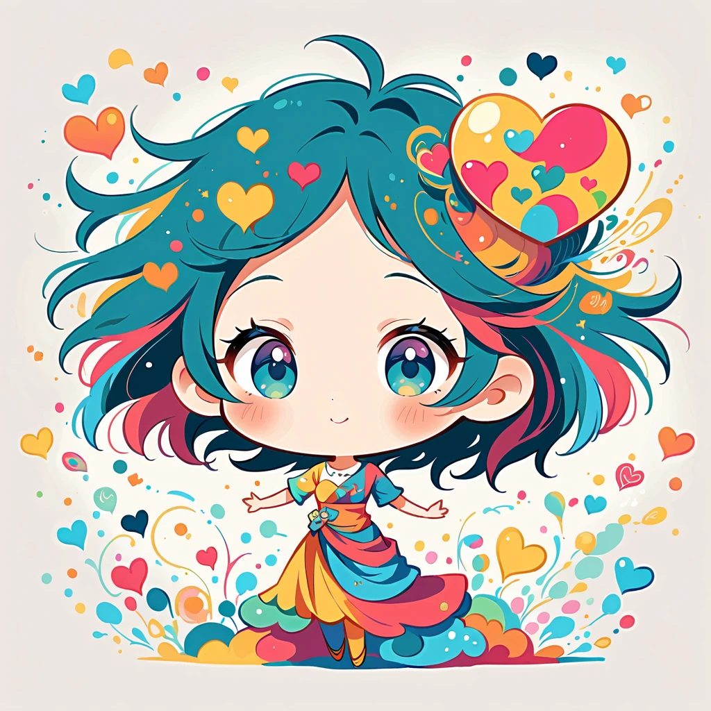 Mai Yoneyama style, Simple Line Initialism,Abstract art,Urban Background, colorful hearts ,(((The most beautiful girl of all time))), (((chibi))), happy dance with Cute amoeba.