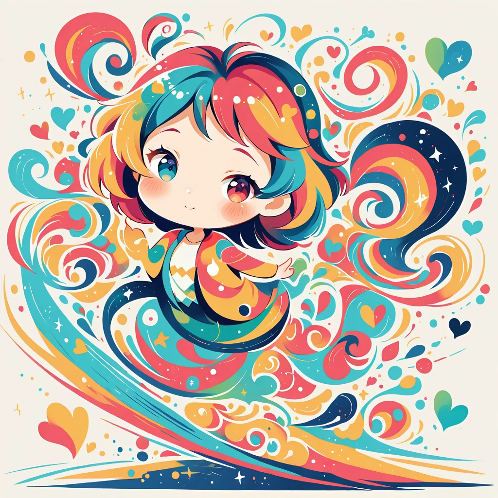 Mai Yoneyama style, Simple Line Initialism,Abstract art,Urban Background, colorful hearts ,(((The most beautiful girl of all time))), (((chibi))), happy dance with Cute amoeba.