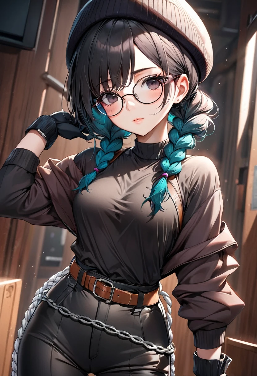 masterpiece, high quality cg, anime, illustration, best quality, 1girl, bound, bondage, beautiful face, detailed face, cowboy shot, dokkaebi, 1girl, solo, looking at viewer,  black hair, braid, glasses, black gloves, belt, pants, black eyes, twin braids, streaked hair, black headwear, bodysuit, black pants, round eyewear, black bodysuit, beanie, hair behind ear, 