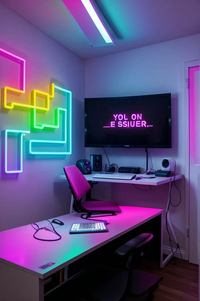 Create a studio room with computer setup inside on the wall behind add a bright neon glowing text that says gulli vaaj