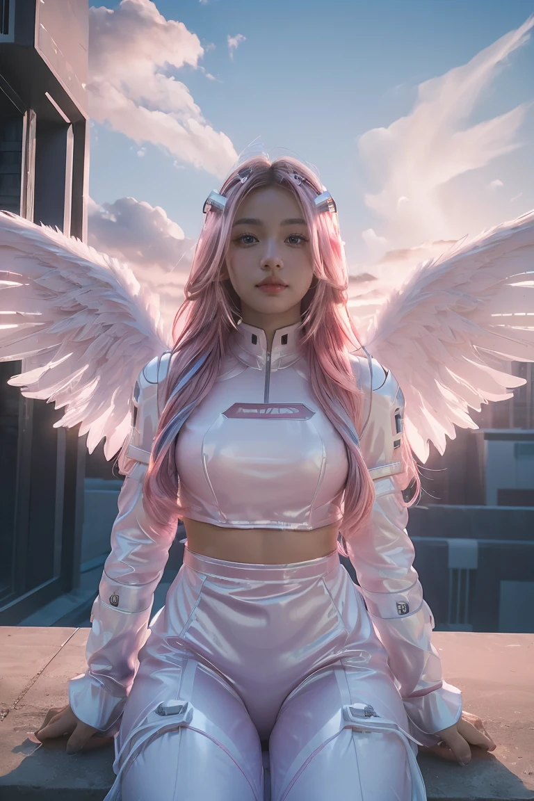 ((masterpiece, best quality, extremely detailed), volumetric lighting, ambient occlusion, colorful, glowing),
1girl, solo, young girl, (pink hair), long hair, halo, aura, sacred, godness, cyber suit, (white outfit:1.3), android, bot, angel wings,
outdoors, sunset, sky, clouds, space, (cyberpunk theme:1.2),