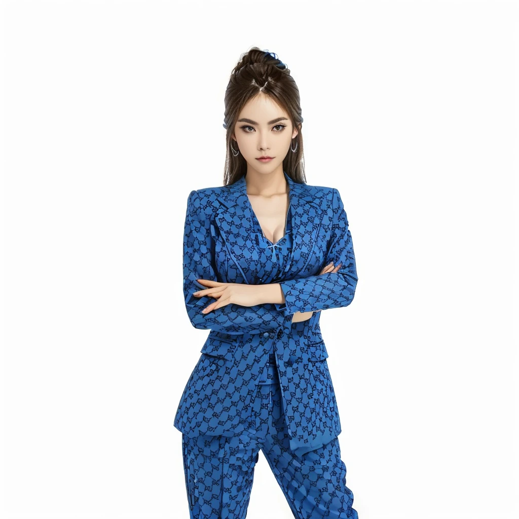 arafed woman in a blue suit with her arms crossed, girl in suit, wearing fashion suit, full body xianxia, jia, girl in a suit, in style of lam manh, woman model, blue suit, suit, in a blue qipao, ao dai, wearing suit, inspired by Ruth Jên, fanart, There is a beautiful racing car behind
