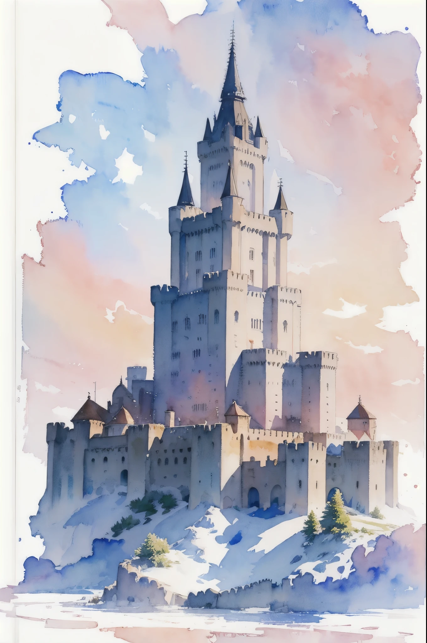 (masterpiece),(Highest quality:1.2),(Very detailed:1.2),(High resolution),(((watercolor))),8K,wallpaper,city,(((castle)))