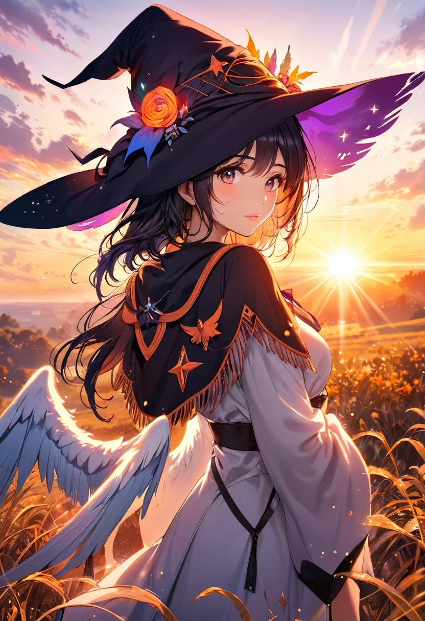 a beautiful atractive woman with a witch's hat, angel wings, sunrise